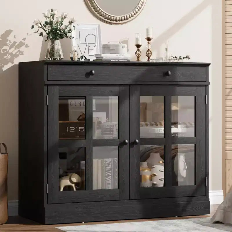 35 Sideboard Buffet Cabinet, Accent Coffee Bar Cabinet with Glass Door & Drawer, Entryway Console Table, Cupboard Storage Cabinet