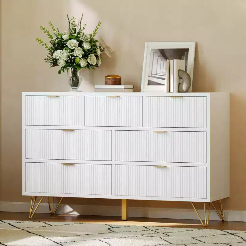 Fluted 7 Drawers Dresser for Bedroom Tall Modern Chest of Drawers with Metal Handle and Curved Profile Design Wood Drawer Organizer