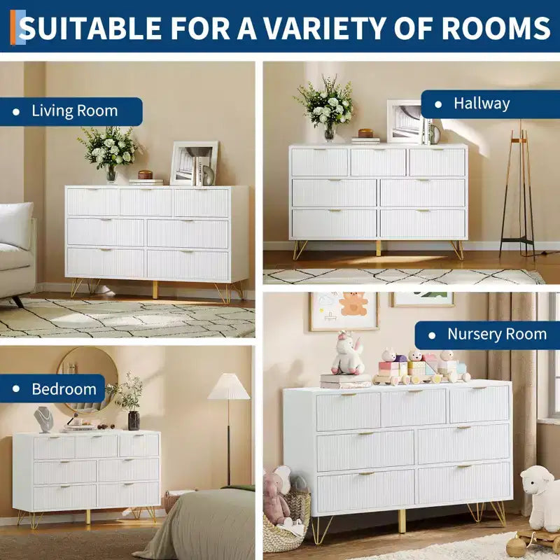 Commode 7 tiroirs cannelés pour chambre à coucher, chiffonnier haut et moderne avec poignée en métal et profil incurvé, organiseur de tiroirs en bois