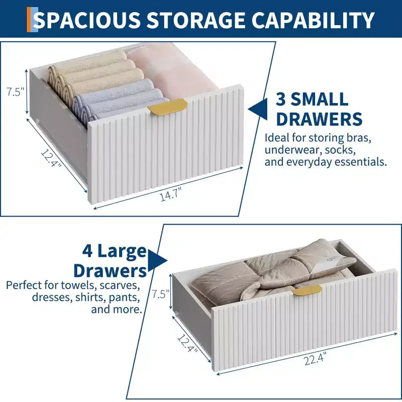 Commode 7 tiroirs cannelés pour chambre à coucher, chiffonnier haut et moderne avec poignée en métal et profil incurvé, organiseur de tiroirs en bois