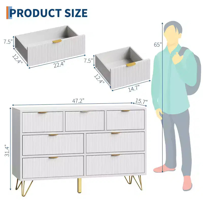 Commode 7 tiroirs cannelés pour chambre à coucher, chiffonnier haut et moderne avec poignée en métal et profil incurvé, organiseur de tiroirs en bois