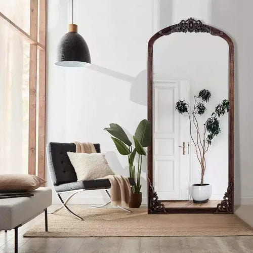 PexFix 28 in. W x 67 in. H Rustic Arched Solid Wood Framed DIY Carved Full Length Mirror in Charcoal