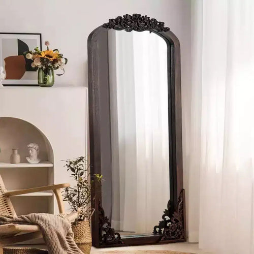 28 in. W x 67 in. H Rustic Arched Solid Wood Framed DIY Carved Full Length Mirror in Charcoal