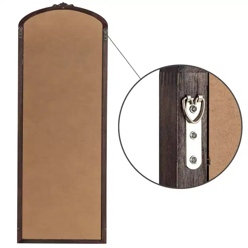 Miroir pleine longueur sculpté en bois massif encadré en arc rustique, 28 po L x 67 po H, charbon de bois