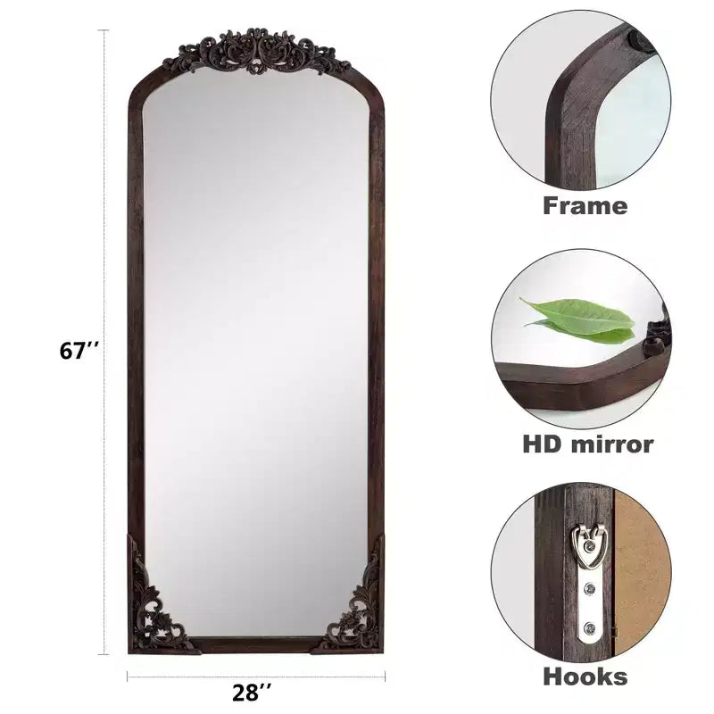 Miroir pleine longueur sculpté en bois massif encadré en arc rustique, 28 po L x 67 po H, charbon de bois