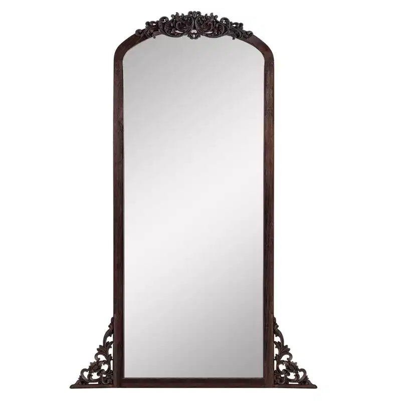 Miroir pleine longueur sculpté en bois massif encadré en arc rustique, 28 po L x 67 po H, charbon de bois
