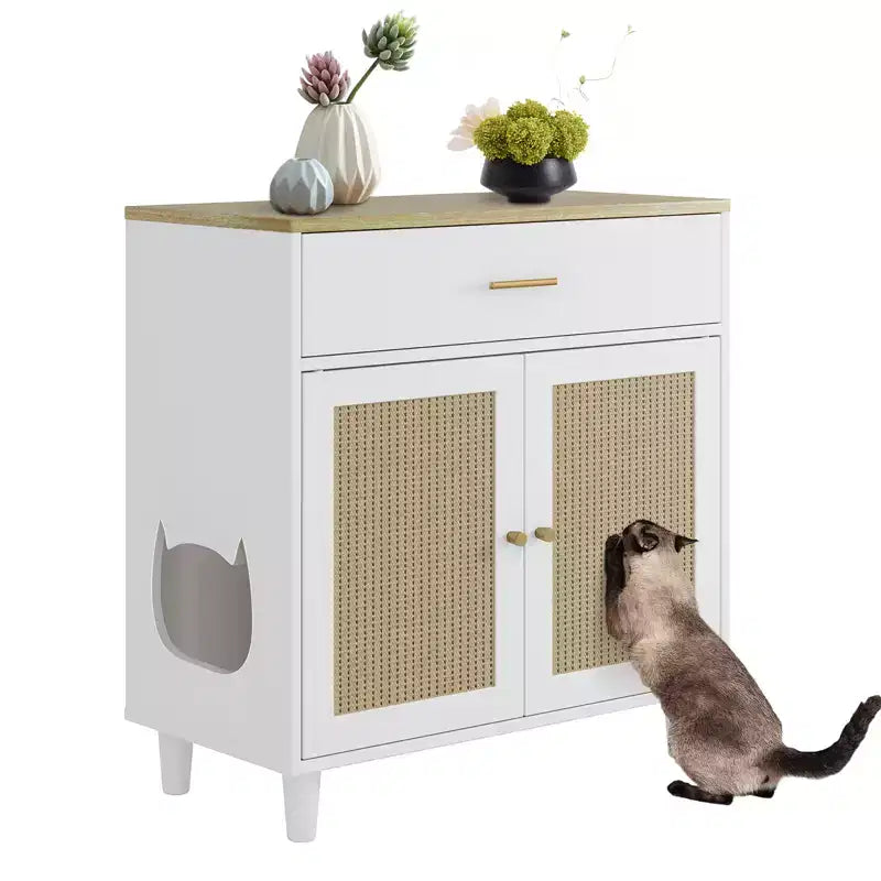 Rattan Cat Cabinet with Particle Board Construction, Elegant Rattan Weaving, Durable Build, Spacious Interior, and Stylish Design