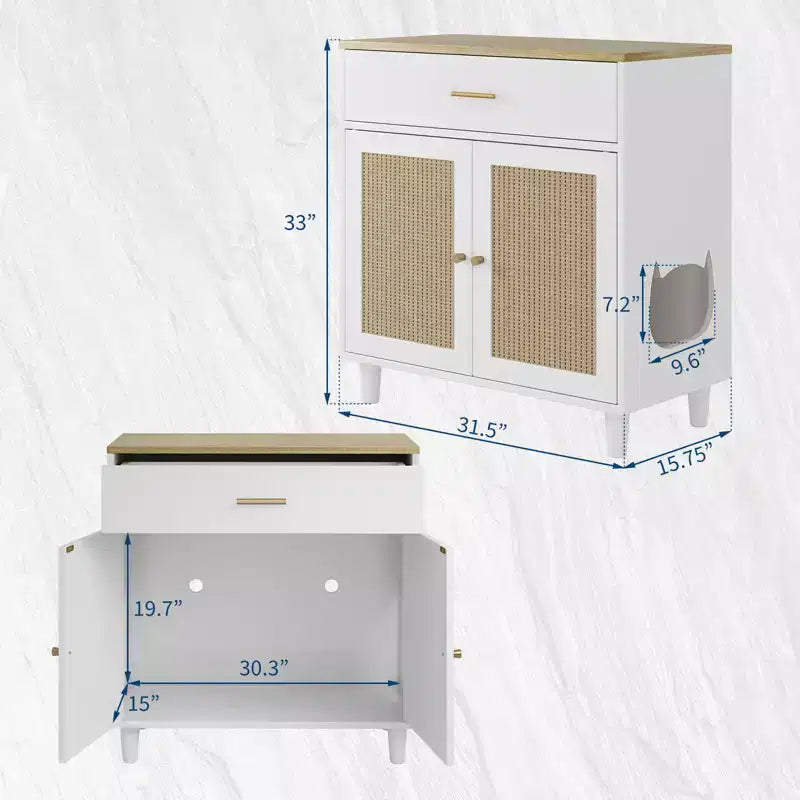 Meuble pour chat en rotin avec construction en panneaux de particules, tissage en rotin élégant, conception durable, intérieur spacieux et design élégant