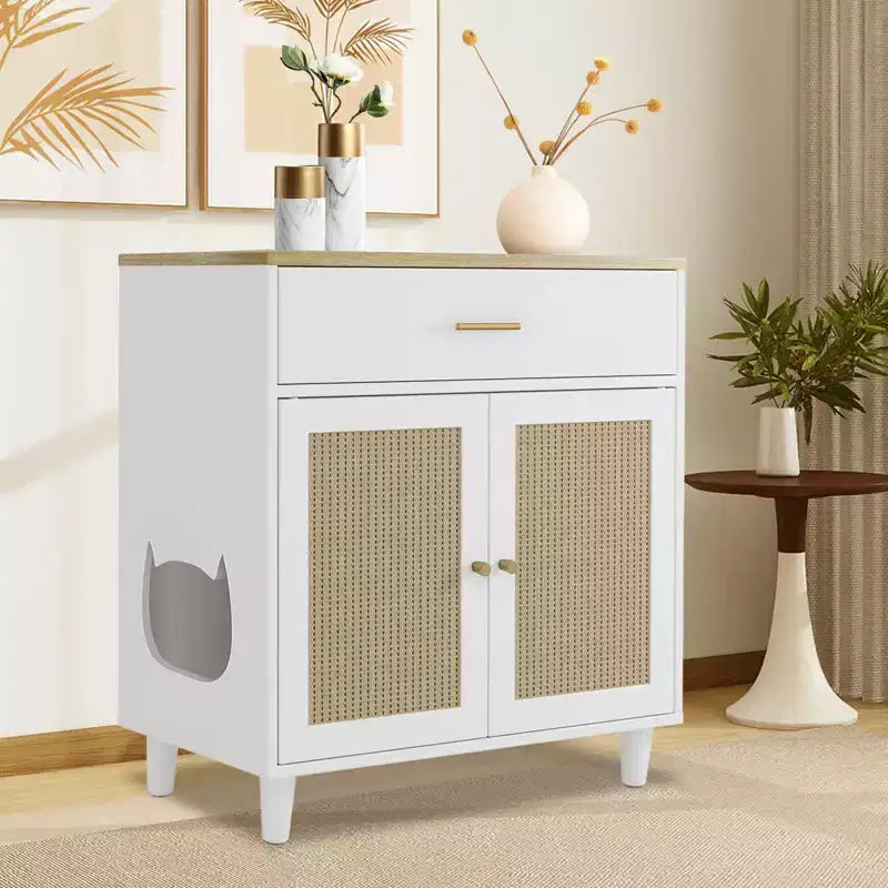 Meuble pour chat en rotin avec construction en panneaux de particules, tissage en rotin élégant, conception durable, intérieur spacieux et design élégant