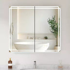 Armoire à pharmacie avec miroirs et lumières, armoire de salle de bain avec 3 modes d'éclairage, anti-buée, intensité variable, fonction mémoire, prise de courant, argent