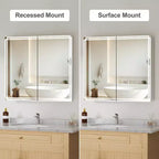 Armoire à pharmacie avec miroirs et lumières, armoire de salle de bain avec 3 modes d'éclairage, anti-buée, intensité variable, fonction mémoire, prise de courant, argent