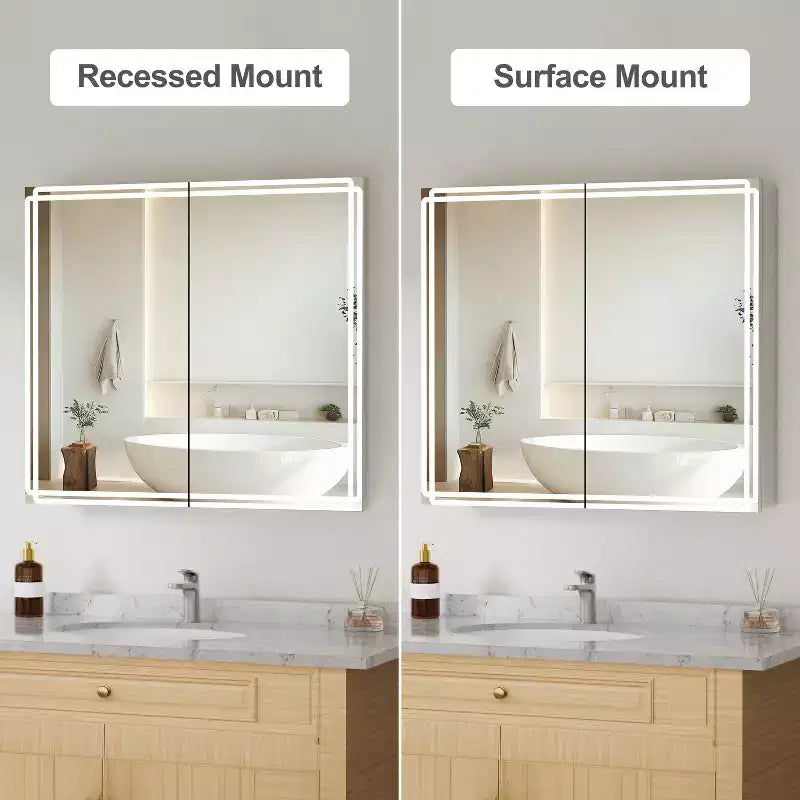 Armoire à pharmacie avec miroirs et lumières, armoire de salle de bain avec 3 modes d'éclairage, anti-buée, intensité variable, fonction mémoire, prise de courant, argent