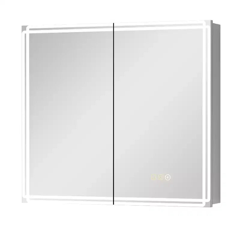 Armoire à pharmacie avec miroirs et lumières, armoire de salle de bain avec 3 modes d'éclairage, anti-buée, intensité variable, fonction mémoire, prise de courant, argent