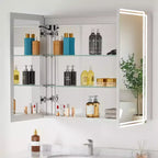 Armoire à pharmacie avec miroirs et lumières, armoire de salle de bain avec 3 modes d'éclairage, anti-buée, intensité variable, fonction mémoire, prise de courant, argent