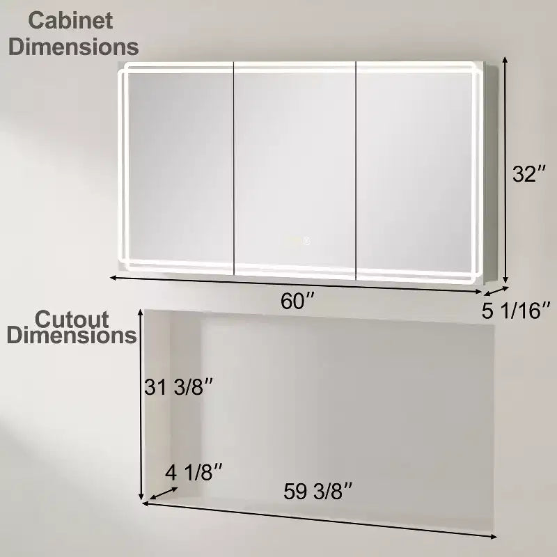 Armoire à pharmacie avec miroirs et lumières, armoire de salle de bain avec 3 modes d'éclairage, anti-buée, intensité variable, fonction mémoire, prise de courant, argent