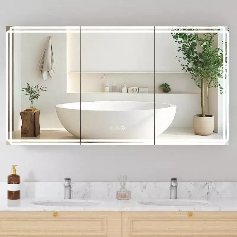 Armoire à pharmacie avec miroirs et lumières, armoire de salle de bain avec 3 modes d'éclairage, anti-buée, intensité variable, fonction mémoire, prise de courant, argent