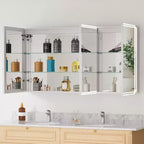 Armoire à pharmacie avec miroirs et lumières, armoire de salle de bain avec 3 modes d'éclairage, anti-buée, intensité variable, fonction mémoire, prise de courant, argent