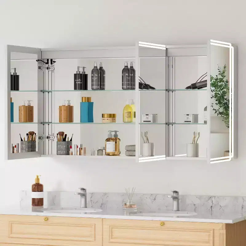 Armoire à pharmacie avec miroirs et lumières, armoire de salle de bain avec 3 modes d'éclairage, anti-buée, intensité variable, fonction mémoire, prise de courant, argent