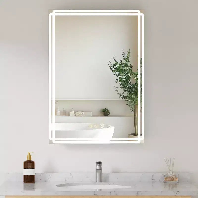 Armoire à pharmacie avec miroirs et lumières, armoire de salle de bain avec 3 modes d'éclairage, anti-buée, intensité variable, fonction mémoire, prise de courant, argent