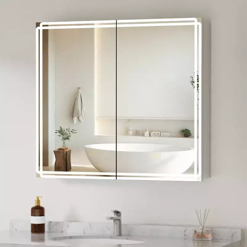 Armoire à pharmacie avec miroirs et lumières, armoire de salle de bain avec 3 modes d'éclairage, anti-buée, intensité variable, fonction mémoire, prise de courant, argent