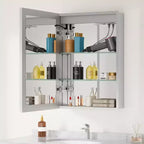 Armoire à pharmacie avec miroirs et lumières, armoire de salle de bain avec 3 modes d'éclairage, anti-buée, intensité variable, fonction mémoire, prise de courant, argent