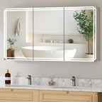 Armoire à pharmacie avec miroirs et lumières, armoire de salle de bain avec 3 modes d'éclairage, anti-buée, intensité variable, fonction mémoire, prise de courant, argent