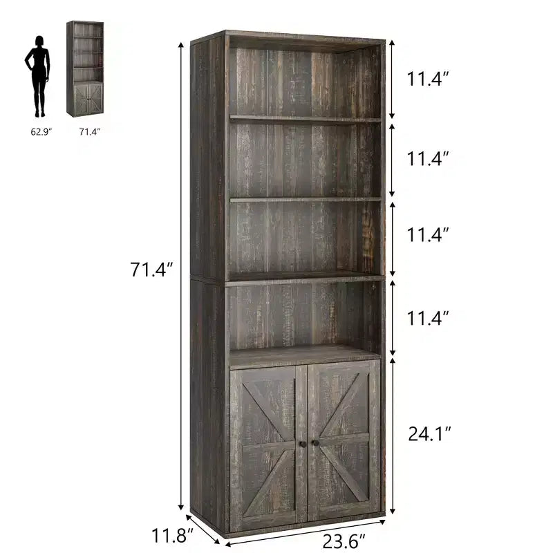 Étagère Industrielle avec Portes, Bibliothèque de Ferme de 71,4 pouces avec 6 Étagères (4 Ouvertes et 2 Derrière une Armoire), Étagère en Bois pour Salon, Bureau à Domicile