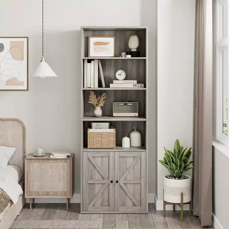 Étagère Industrielle avec Portes, Bibliothèque de Ferme de 71,4 pouces avec 6 Étagères (4 Ouvertes et 2 Derrière une Armoire), Étagère en Bois pour Salon, Bureau à Domicile
