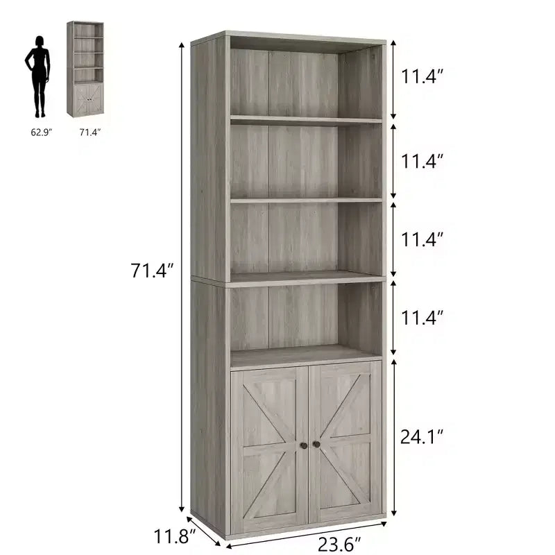 Étagère Industrielle avec Portes, Bibliothèque de Ferme de 71,4 pouces avec 6 Étagères (4 Ouvertes et 2 Derrière une Armoire), Étagère en Bois pour Salon, Bureau à Domicile