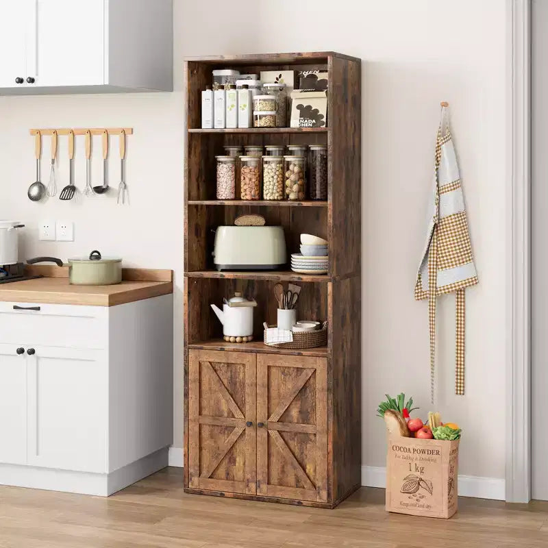 Étagère Industrielle avec Portes, Bibliothèque de Ferme de 71,4 pouces avec 6 Étagères (4 Ouvertes et 2 Derrière une Armoire), Étagère en Bois pour Salon, Bureau à Domicile