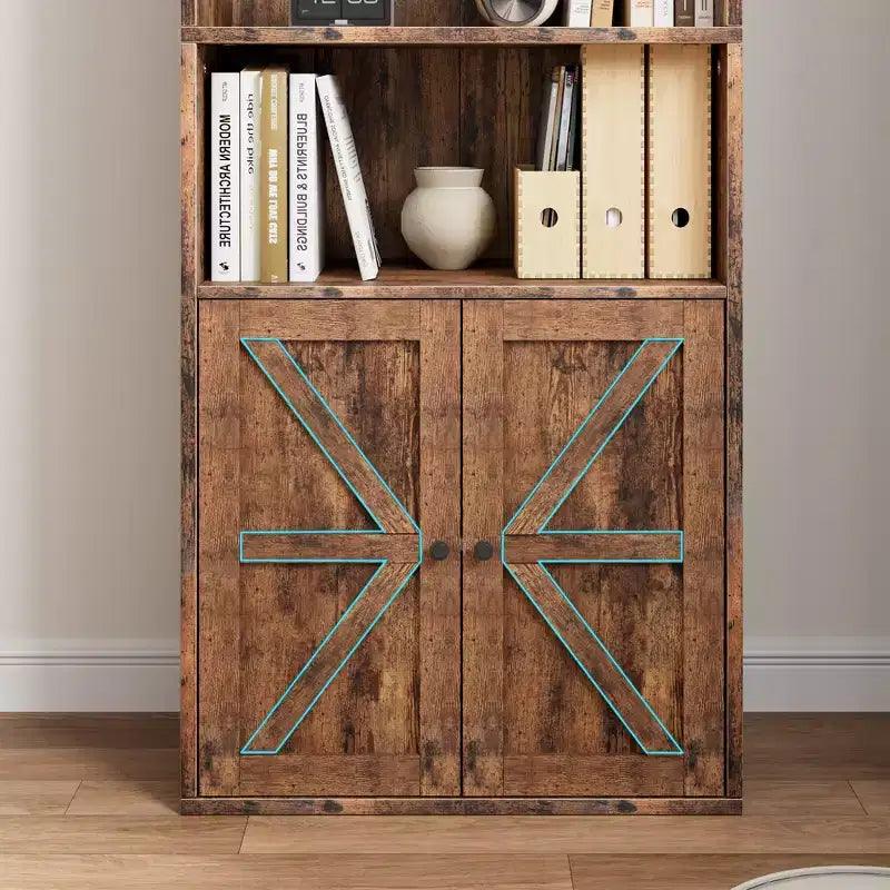 Étagère Industrielle avec Portes, Bibliothèque de Ferme de 71,4 pouces avec 6 Étagères (4 Ouvertes et 2 Derrière une Armoire), Étagère en Bois pour Salon, Bureau à Domicile