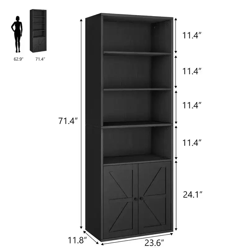 Étagère Industrielle avec Portes, Bibliothèque de Ferme de 71,4 pouces avec 6 Étagères (4 Ouvertes et 2 Derrière une Armoire), Étagère en Bois pour Salon, Bureau à Domicile