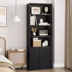 Industrial Bookshelf with Doors, 71.4 Farmhouse Bookcase with 6 Shelves (4 Open & 2 Behind Cabinet), Wooden Shelf for Living Room, Home Office