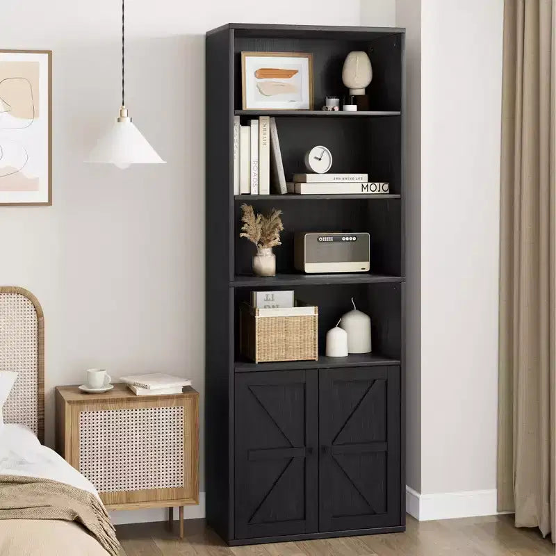 Industrial Bookshelf with Doors, 71.4 Farmhouse Bookcase with 6 Shelves (4 Open & 2 Behind Cabinet), Wooden Shelf for Living Room, Home Office