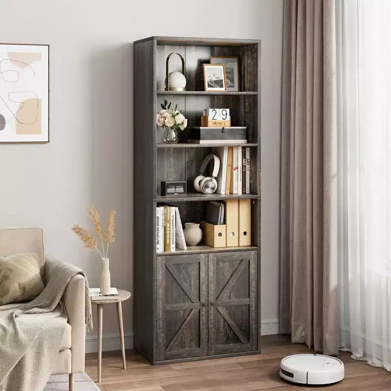 Étagère Industrielle avec Portes, Bibliothèque de Ferme de 71,4 pouces avec 6 Étagères (4 Ouvertes et 2 Derrière une Armoire), Étagère en Bois pour Salon, Bureau à Domicile