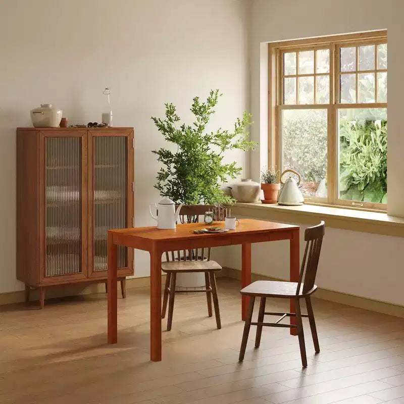 Table à manger en bois naturel avec 2 tiroirs de rangement, surface spacieuse, rangement organisé pour couverts, indispensable pour la cuisine et la salle à manger