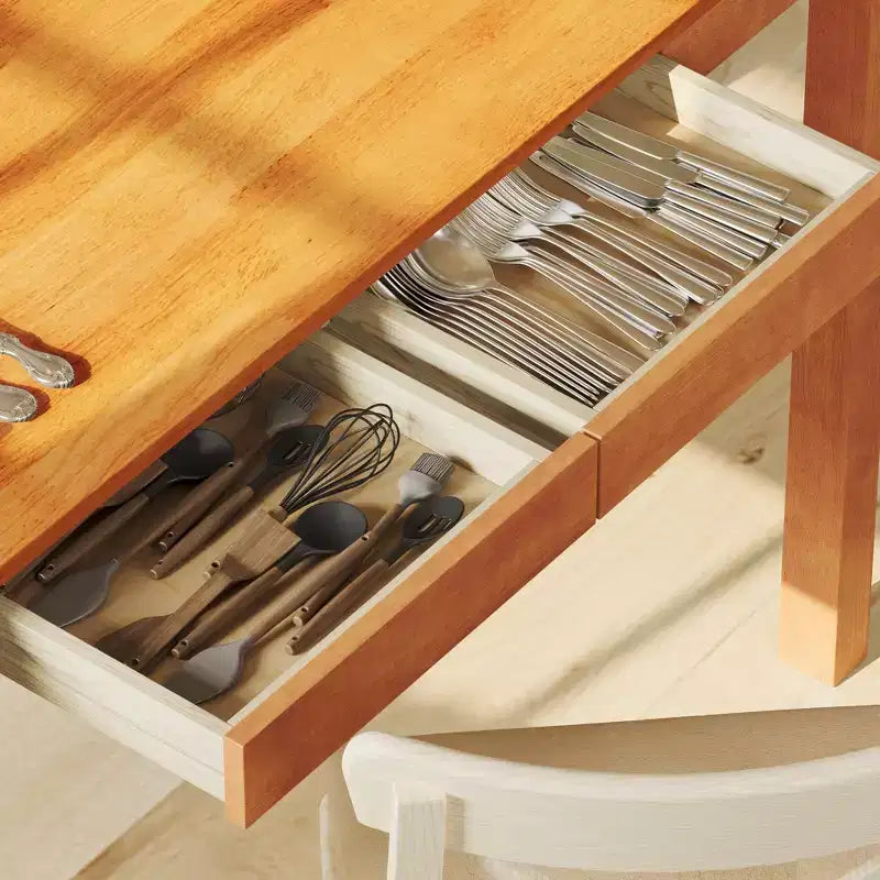 Table à manger en bois naturel avec 2 tiroirs de rangement, surface spacieuse, rangement organisé pour couverts, indispensable pour la cuisine et la salle à manger