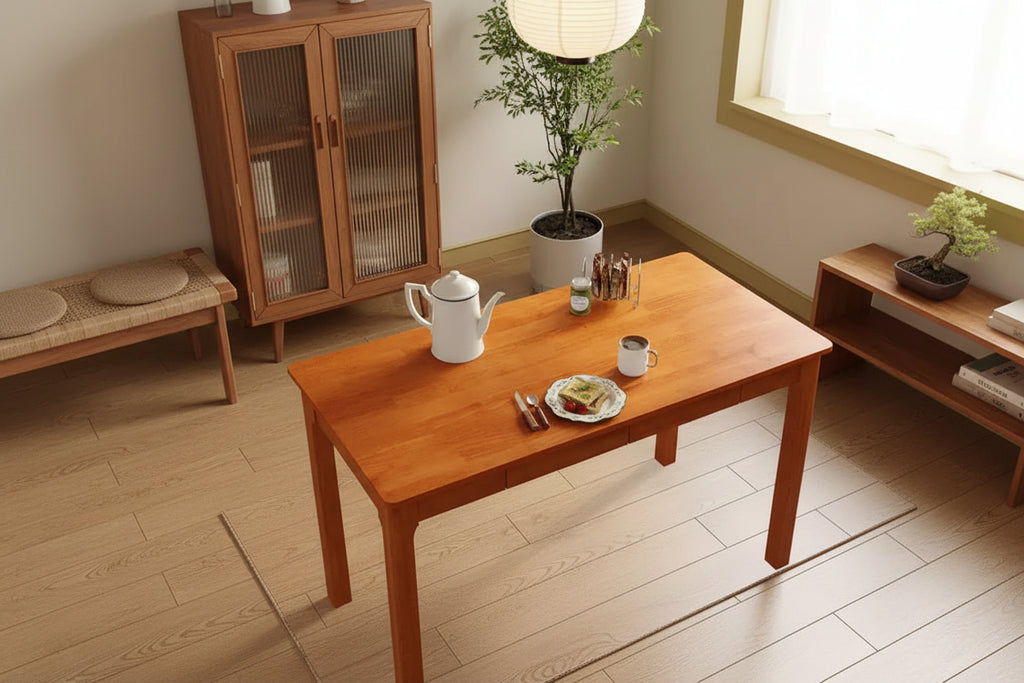 Table à manger en bois naturel avec 2 tiroirs de rangement, surface spacieuse, rangement organisé pour couverts, indispensable pour la cuisine et la salle à manger