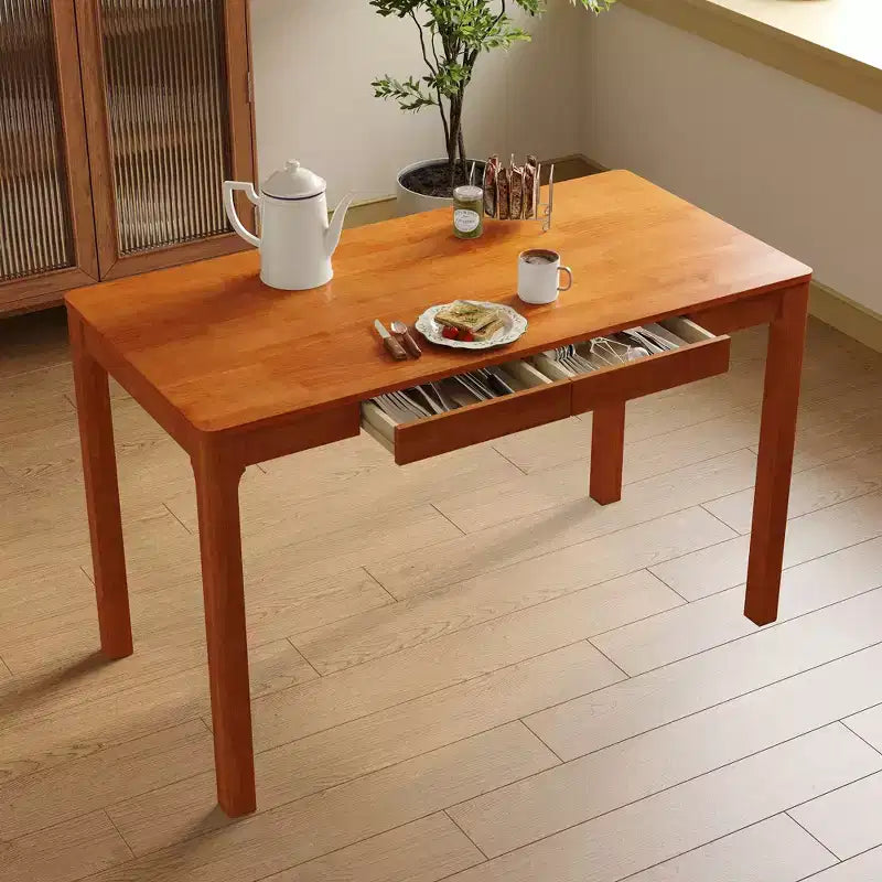 Table à manger en bois naturel avec 2 tiroirs de rangement, surface spacieuse, rangement organisé pour couverts, indispensable pour la cuisine et la salle à manger