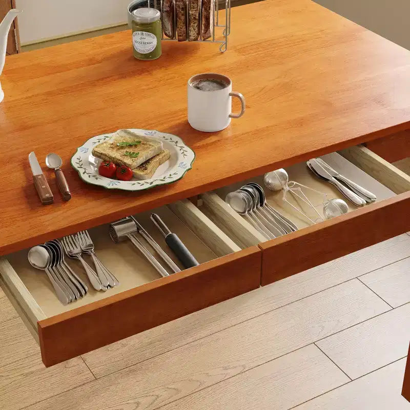Table à manger en bois naturel avec 2 tiroirs de rangement, surface spacieuse, rangement organisé pour couverts, indispensable pour la cuisine et la salle à manger