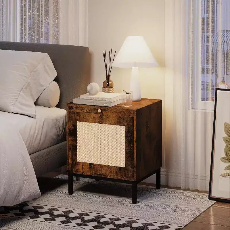 Rattan Nightstand , Rattan Decor Drawer with Brass Knobs Night Stand Bedside Table Boho End Tables Side Tables with Storage Shelf for Bedroom