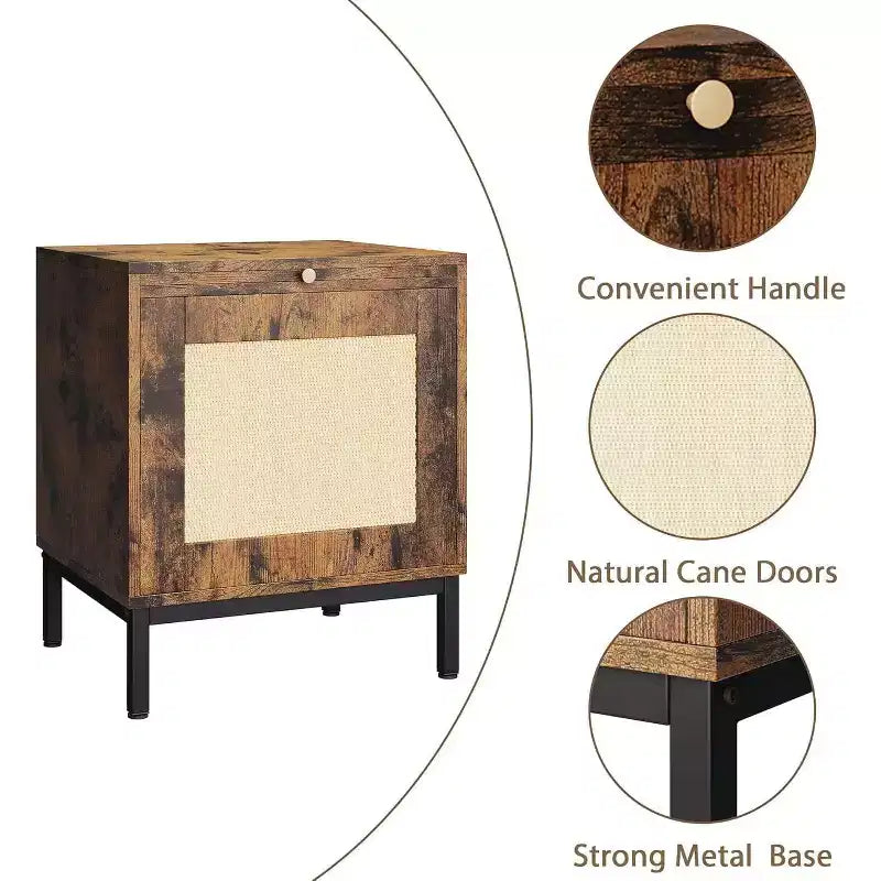 Table de chevet en rotin, table de chevet avec tiroir décoratif en rotin et poignées en laiton, table de chevet bohème, tables d'appoint avec étagère de rangement pour chambre à coucher