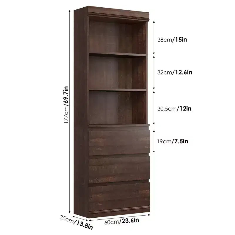 70 bibliothèque avec tiroirs, haute étagère de rangement style ferme, bibliothèques profondes en bois, armoire de rangement pour salon, bureau, espace de travail à domicile
