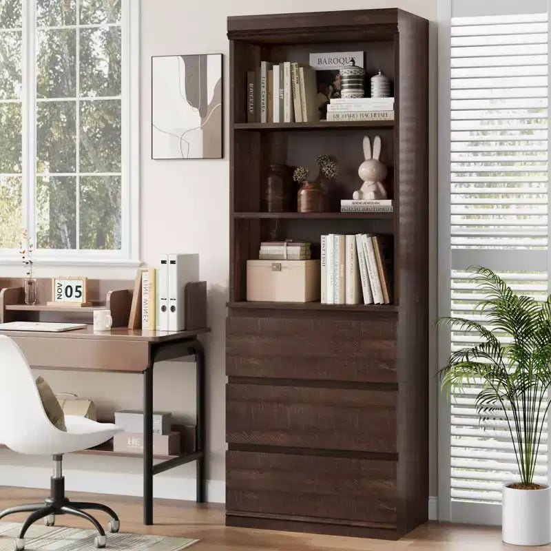 70 bibliothèque avec tiroirs, haute étagère de rangement style ferme, bibliothèques profondes en bois, armoire de rangement pour salon, bureau, espace de travail à domicile