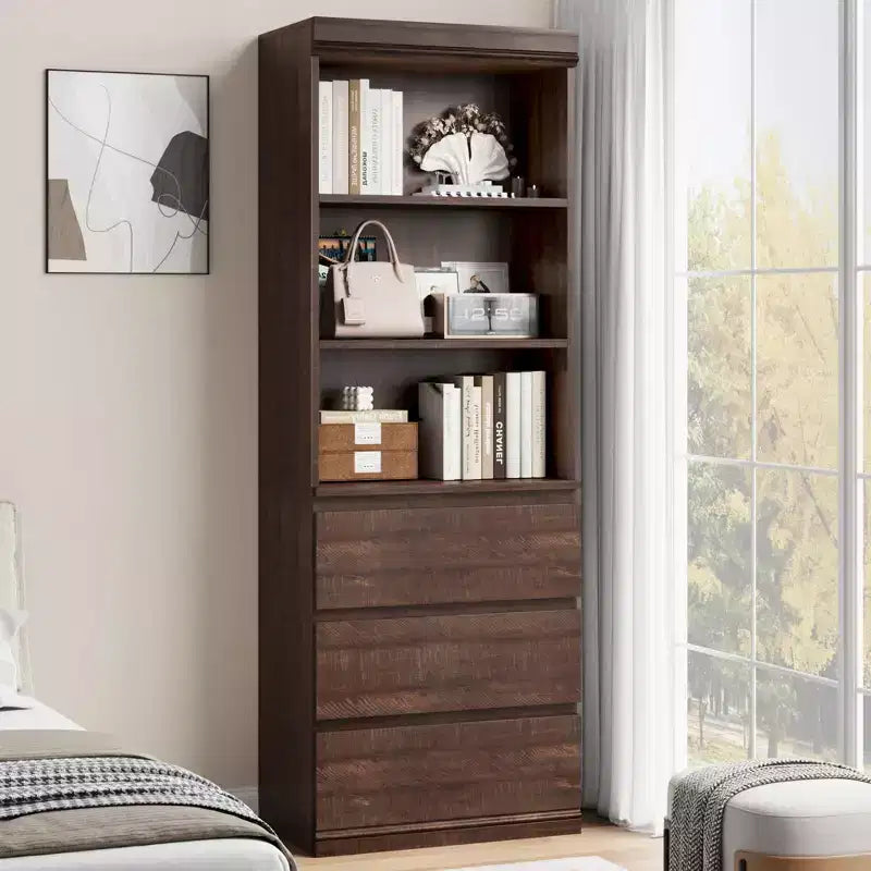 70 bibliothèque avec tiroirs, haute étagère de rangement style ferme, bibliothèques profondes en bois, armoire de rangement pour salon, bureau, espace de travail à domicile