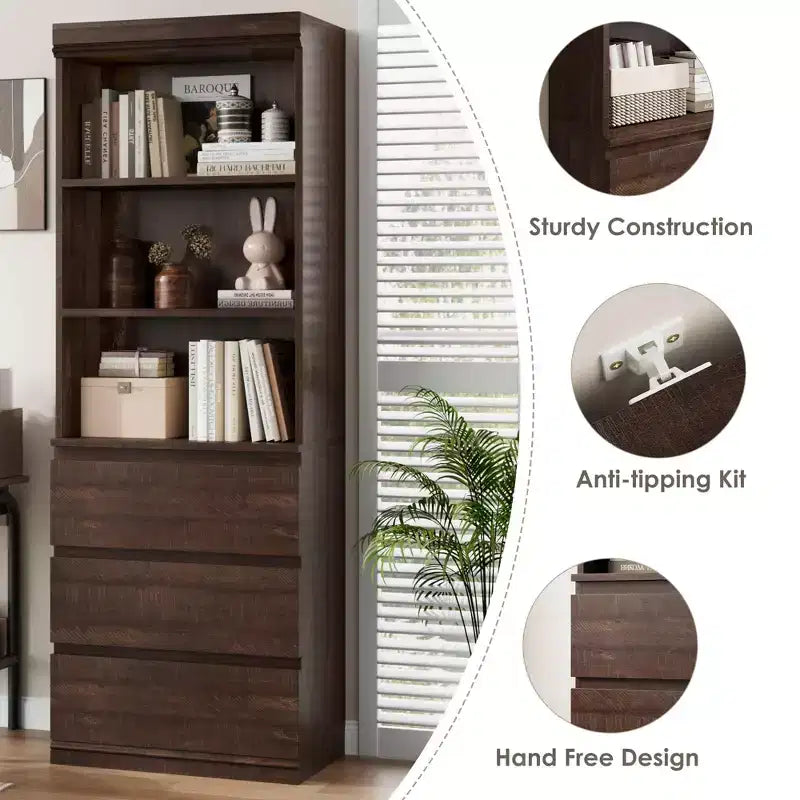 70 bibliothèque avec tiroirs, haute étagère de rangement style ferme, bibliothèques profondes en bois, armoire de rangement pour salon, bureau, espace de travail à domicile