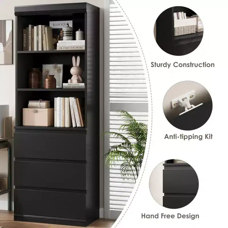 70 bibliothèque avec tiroirs, haute étagère de rangement style ferme, bibliothèques profondes en bois, armoire de rangement pour salon, bureau, espace de travail à domicile
