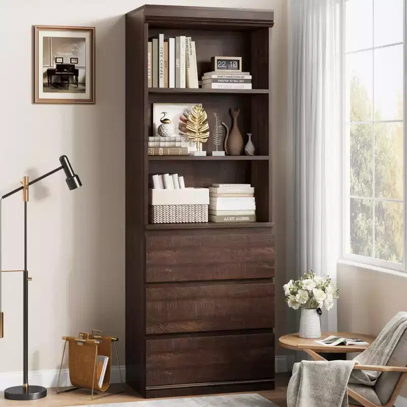 70 bibliothèque avec tiroirs, haute étagère de rangement style ferme, bibliothèques profondes en bois, armoire de rangement pour salon, bureau, espace de travail à domicile