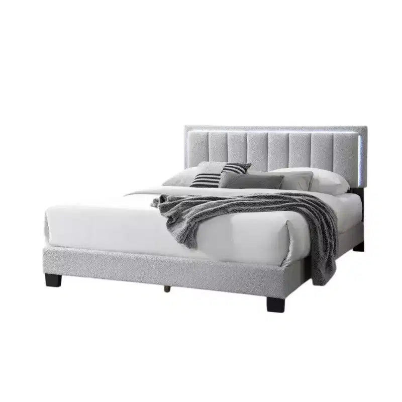 Lit Queen Size Royal Hampton, tête de lit LED, revêtement en laine gris clair capitonné