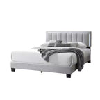 Lit Queen Size Royal Hampton, tête de lit LED, revêtement en laine gris clair capitonné
